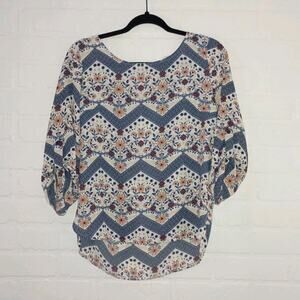 Sheer Chevron Floral Blouse Women Size M Boho Chic Cottagecore Navajo Aztec